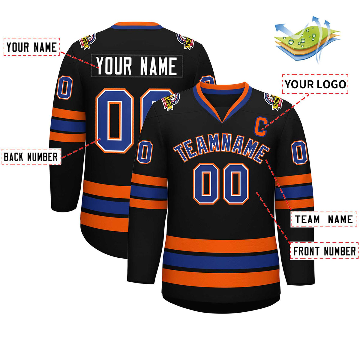 Custom Black Royal White-Orange Classic Style Hockey Jersey