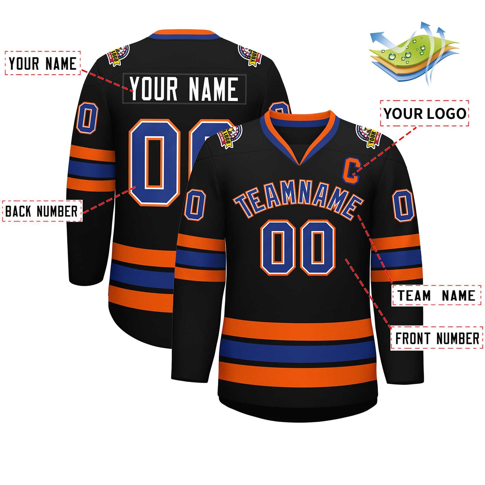 Custom Black Royal White-Orange Classic Style Hockey Jersey