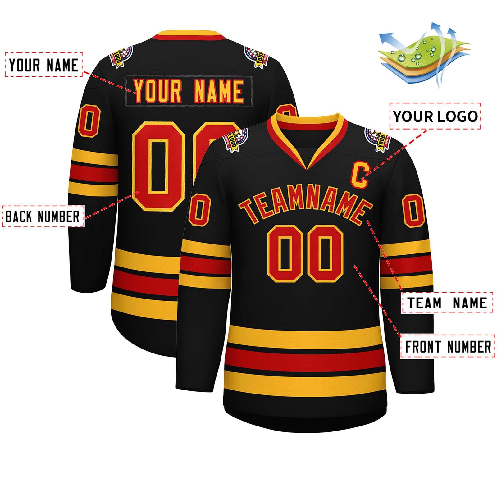 Custom Black Red-Gold Classic Style Hockey Jersey
