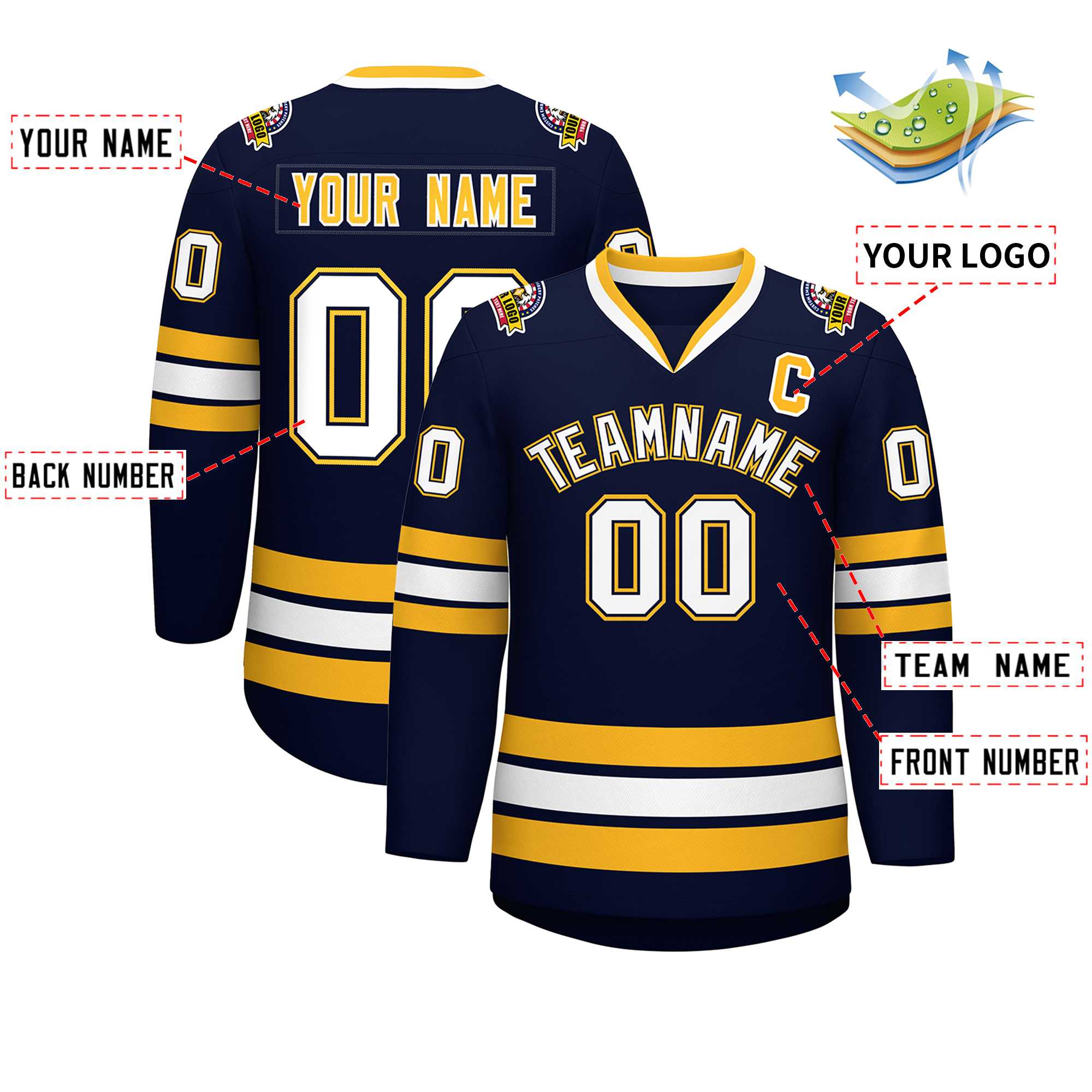Custom Navy White Navy-Gold Classic Style Hockey Jersey