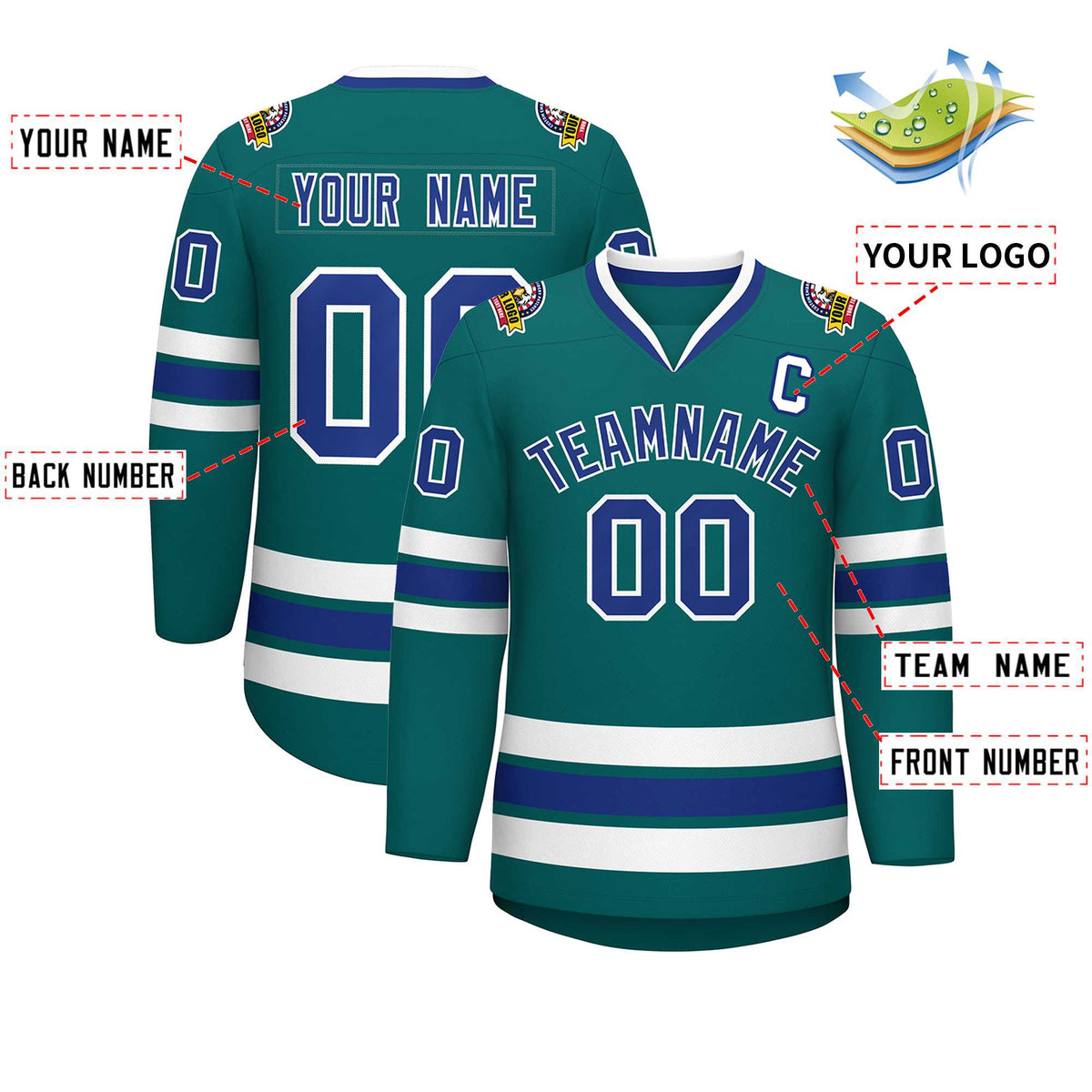 Custom Aqua Royal-White Classic Style Hockey Jersey