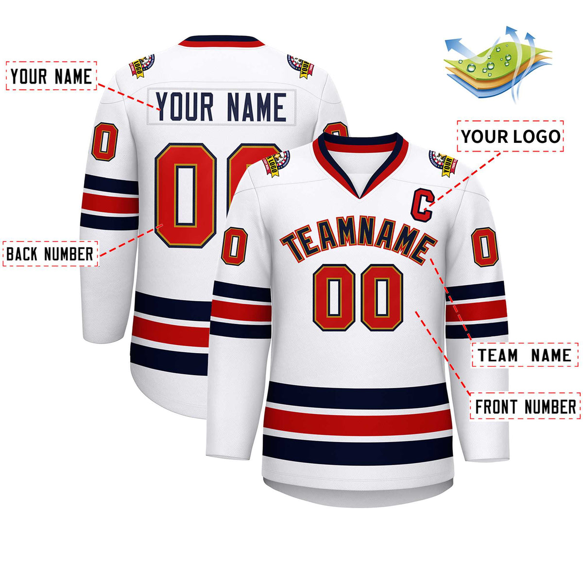 Custom White Navy Old Gold-Red Classic Style Hockey Jersey