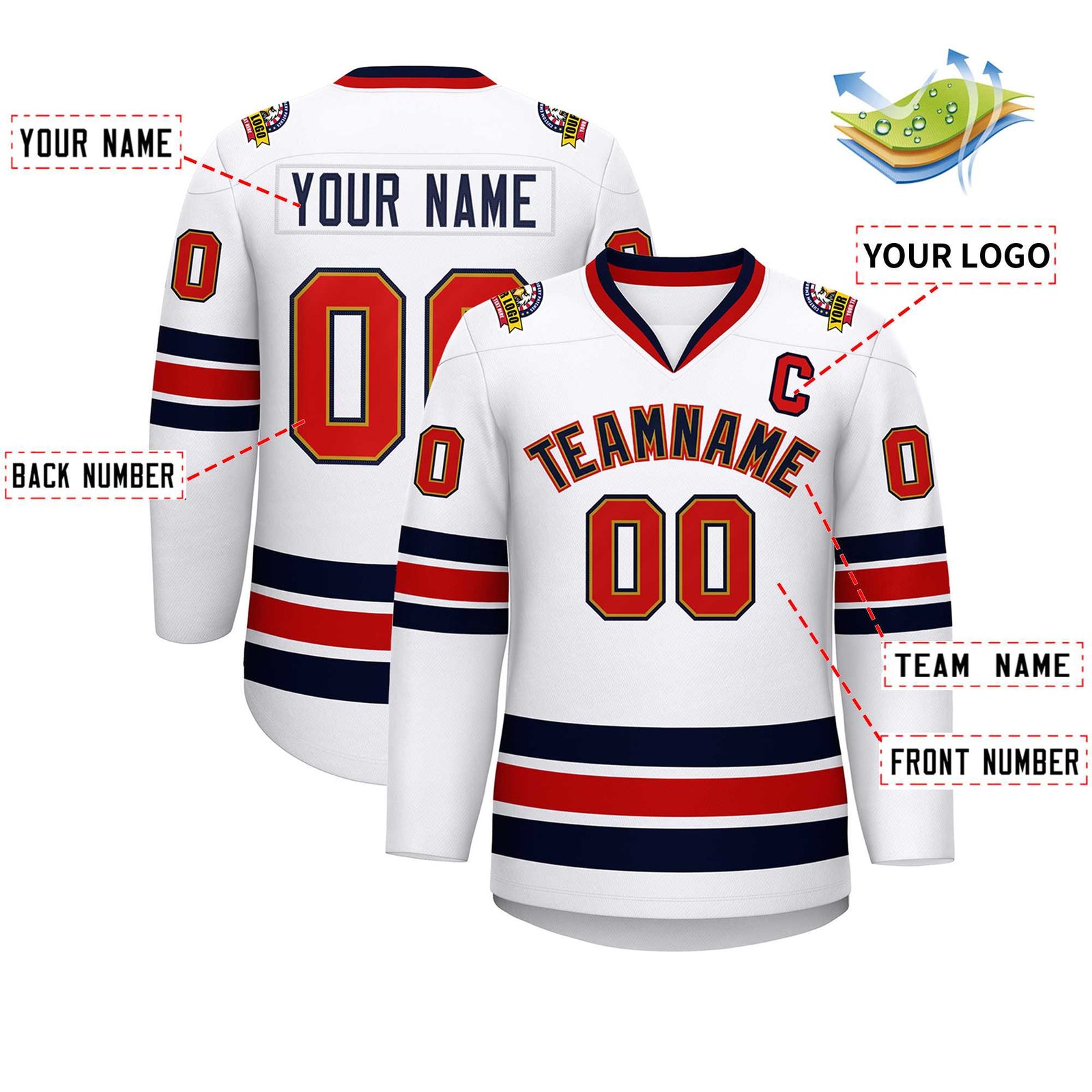 Custom White Navy Old Gold-Red Classic Style Hockey Jersey
