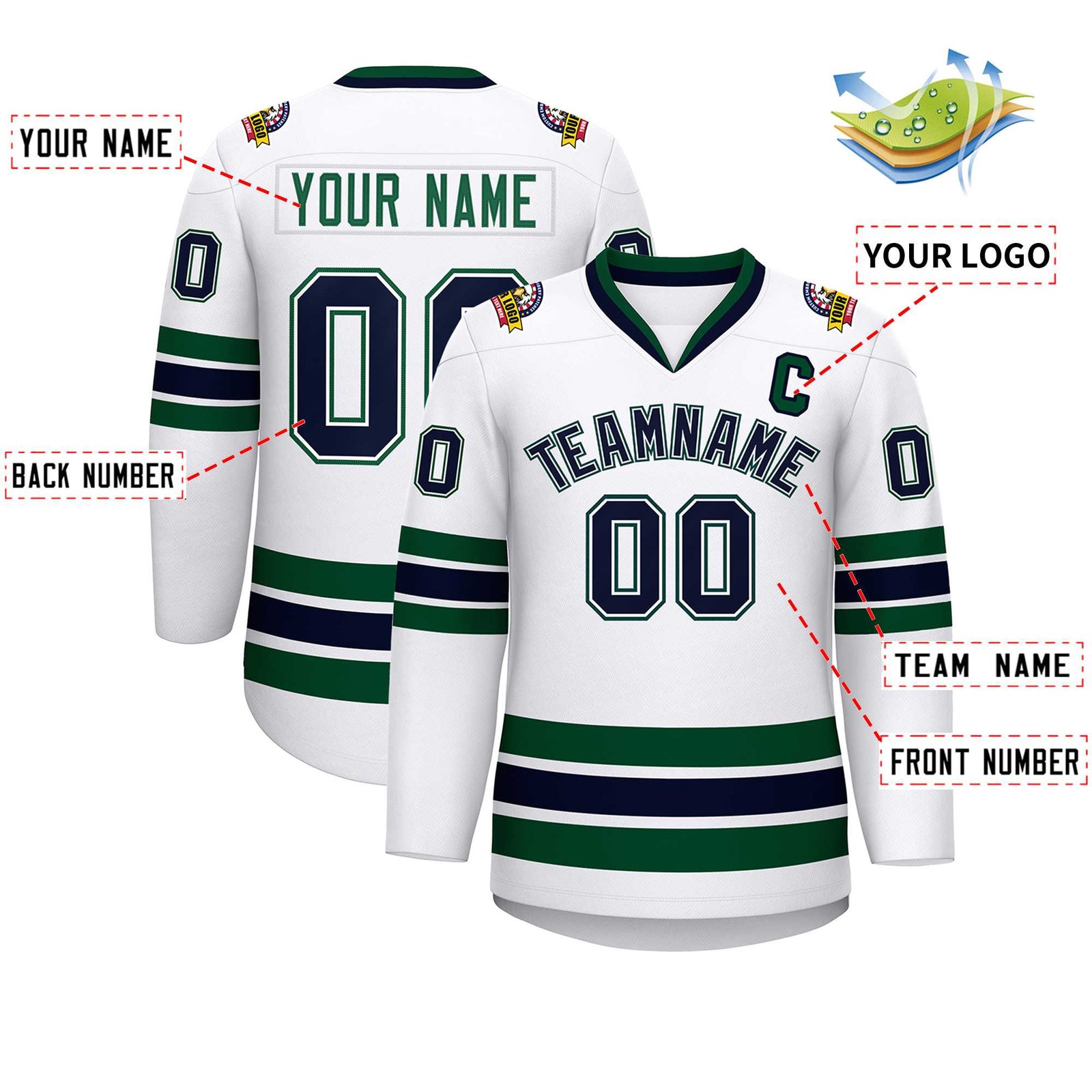 Custom White Navy White-Green Classic Style Hockey Jersey