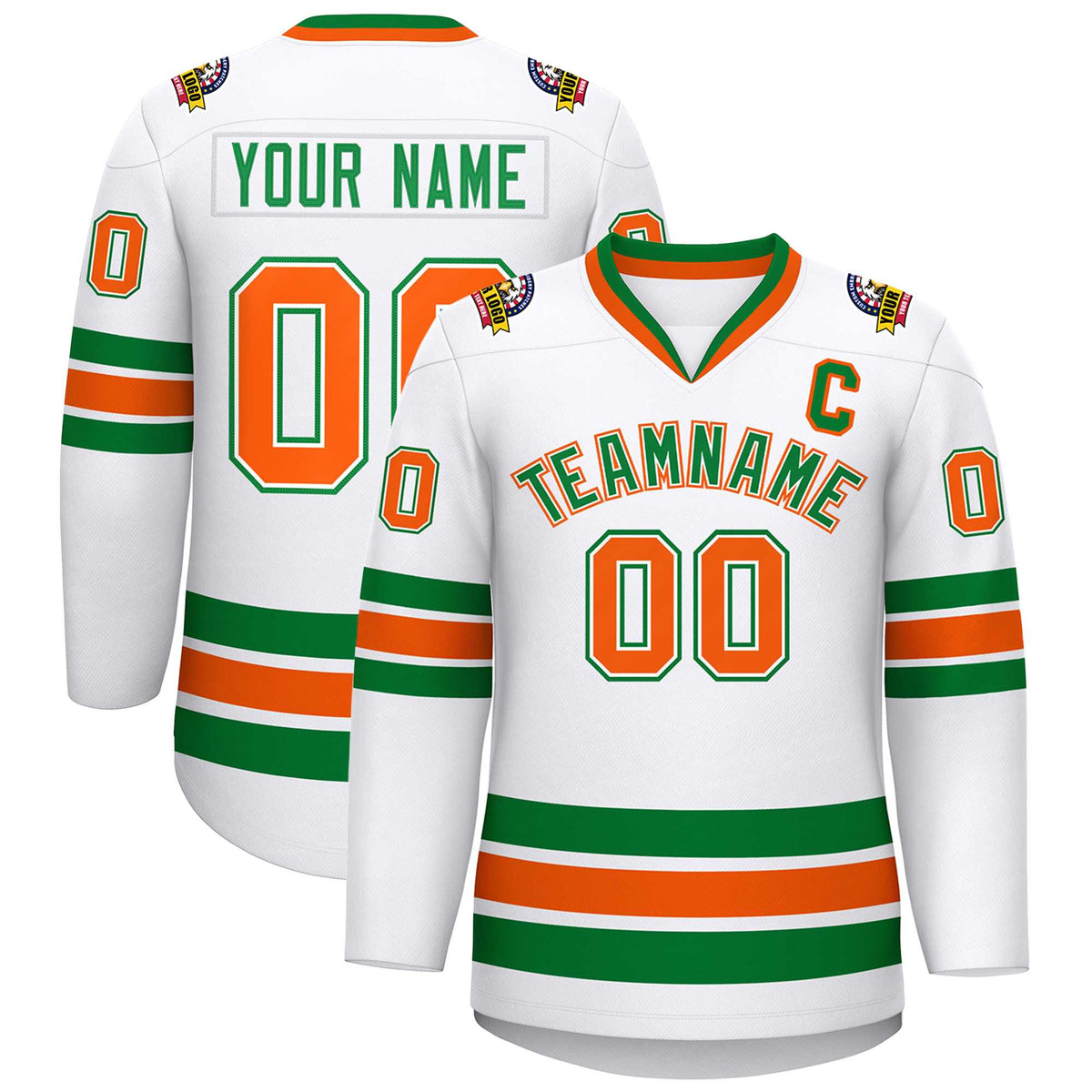 Custom White Kelly Green White-Orange Classic Style Hockey Jersey