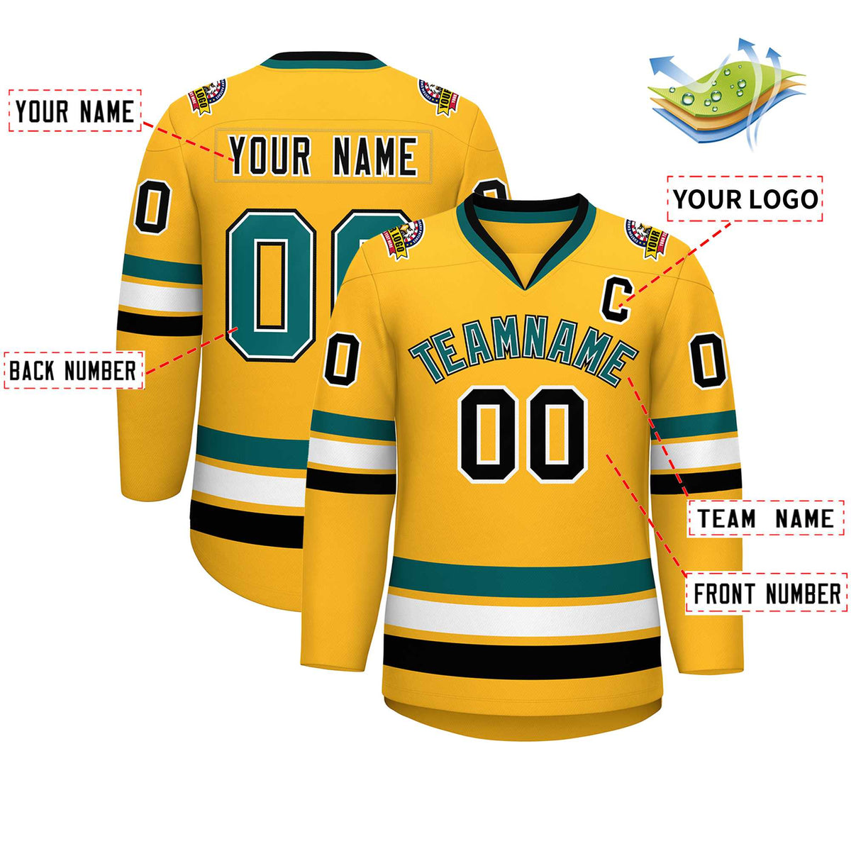 Custom Gold Aqua White-Black Classic Style Hockey Jersey