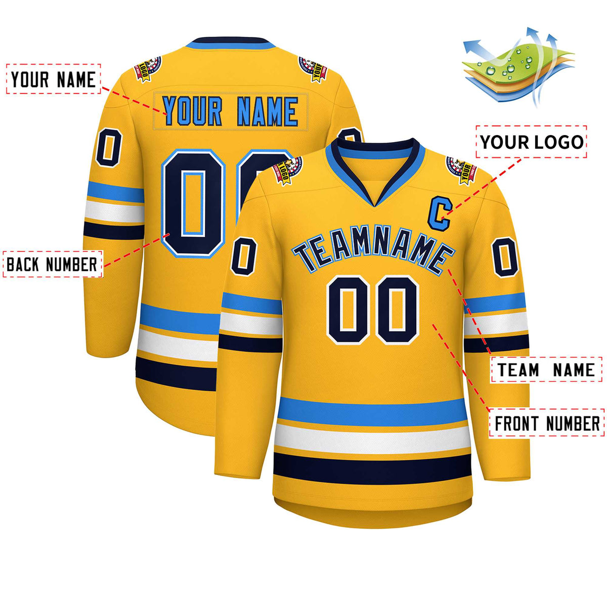 Custom Gold Navy White-Powder Blue Classic Style Hockey Jersey