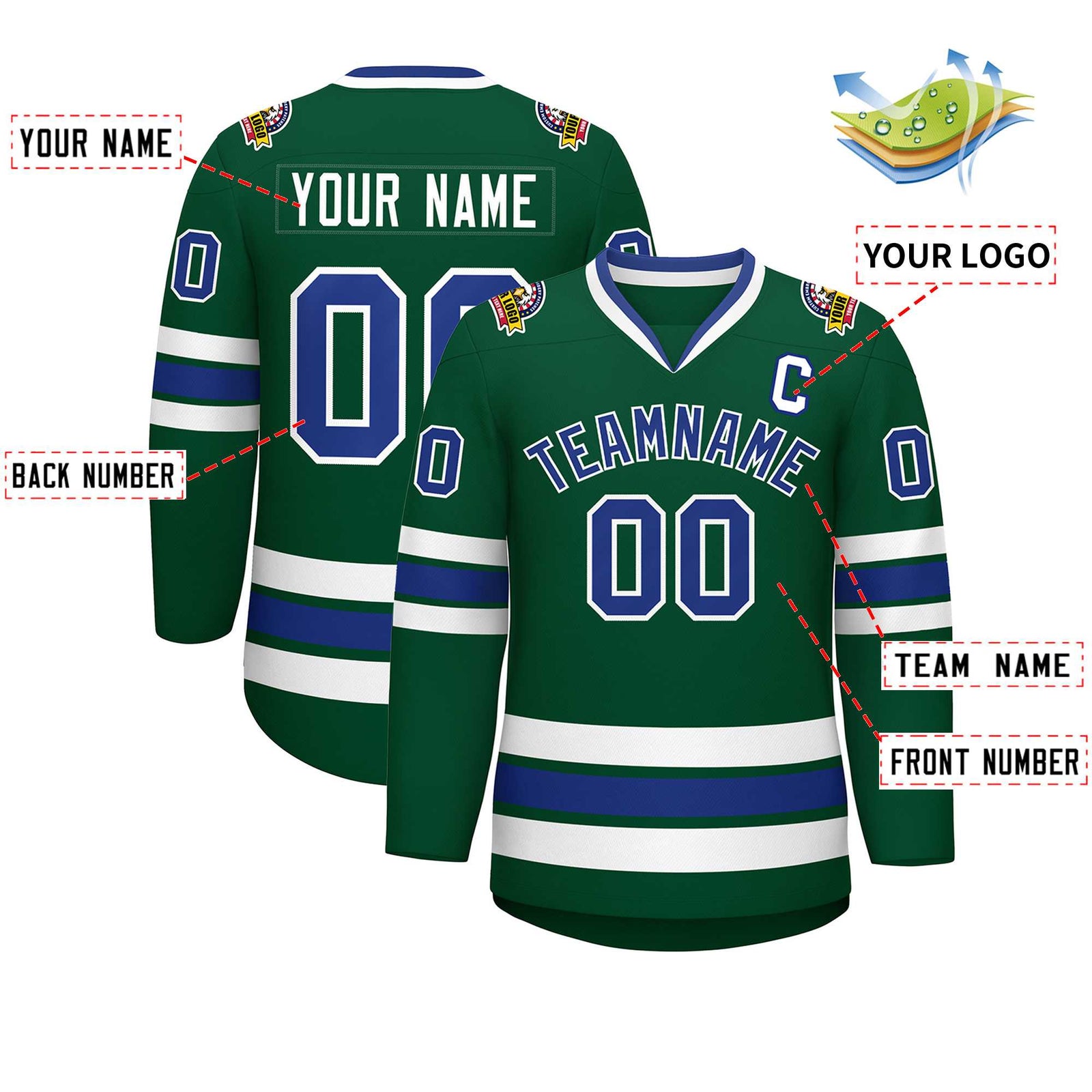 Custom Green Royal-White Classic Style Hockey Jersey