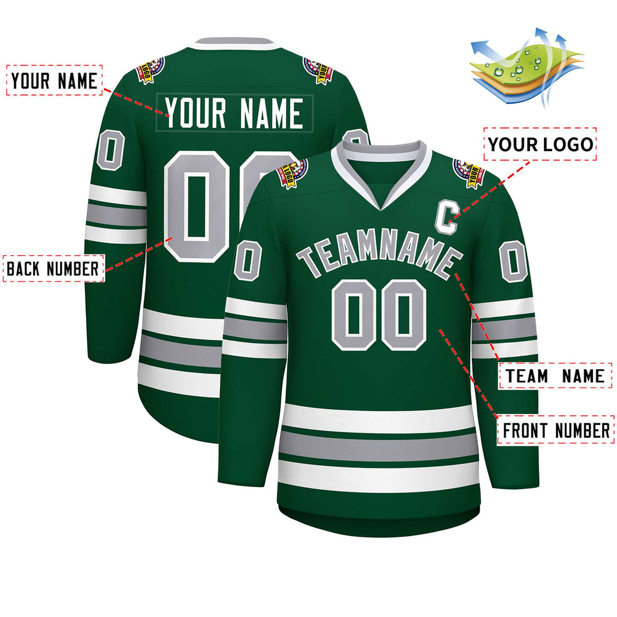 Custom Green Gray-White Classic Style Hockey Jersey