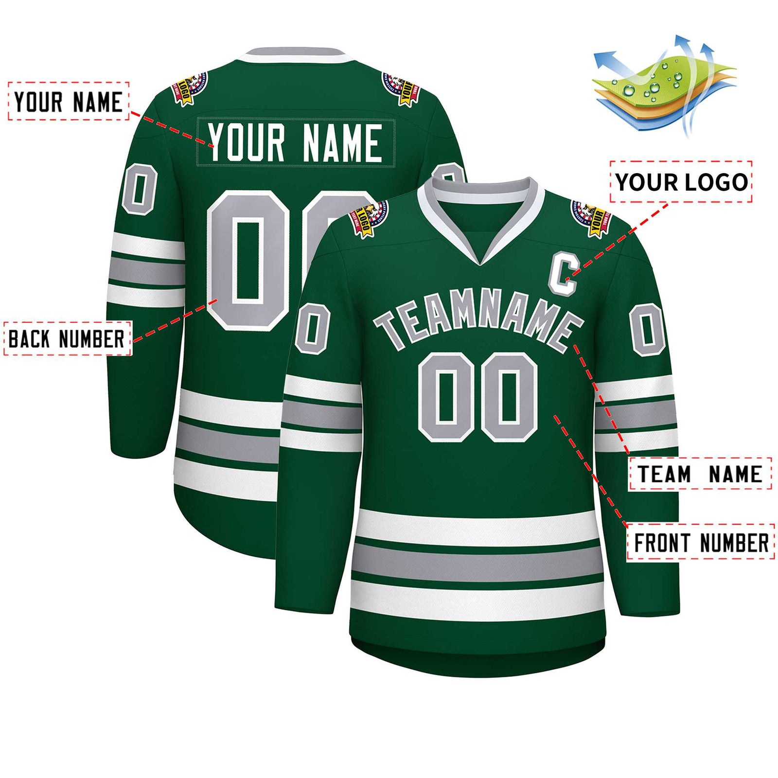 Custom Green Gray-White Classic Style Hockey Jersey