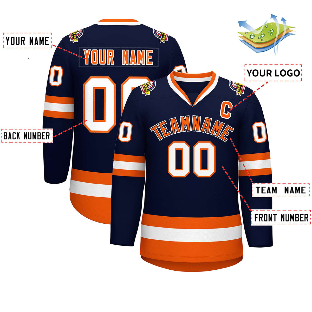 Custom Navy Orange Navy-White Classic Style Hockey Jersey