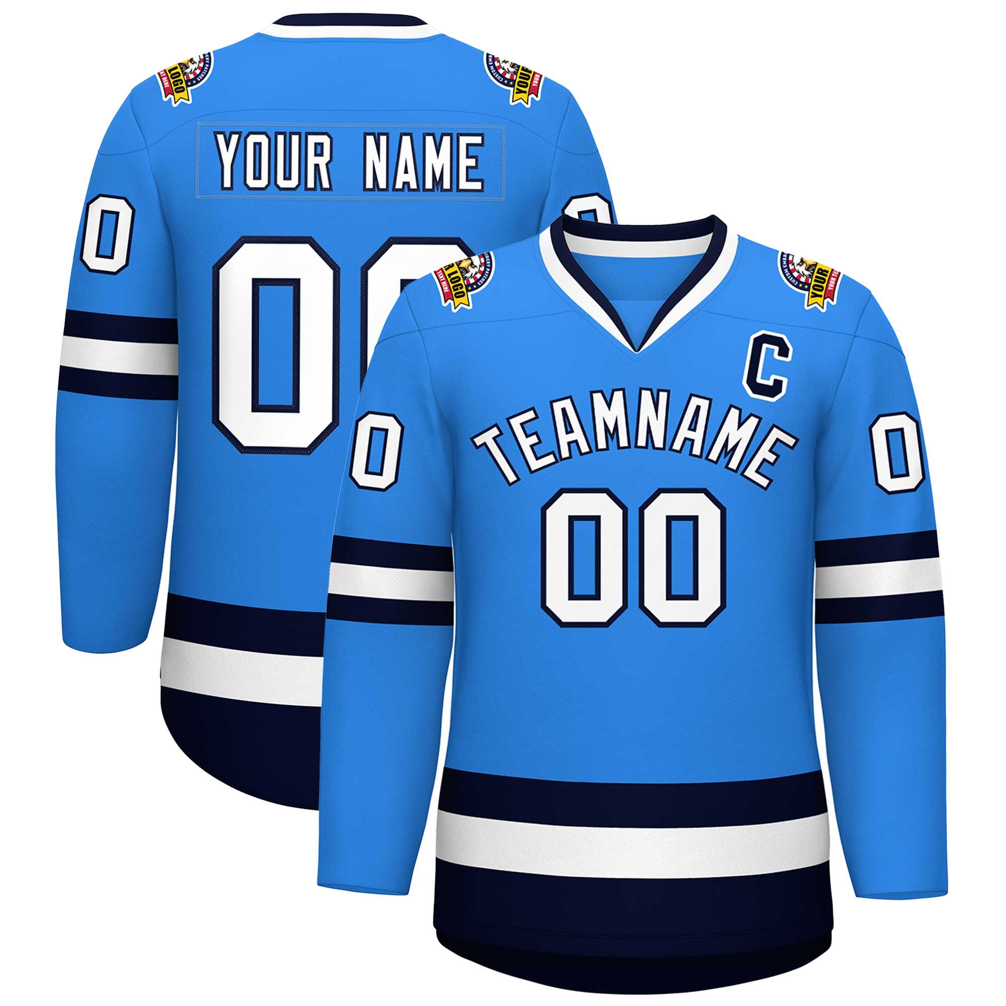 Custom Powder Blue White-Navy Classic Style Hockey Jersey