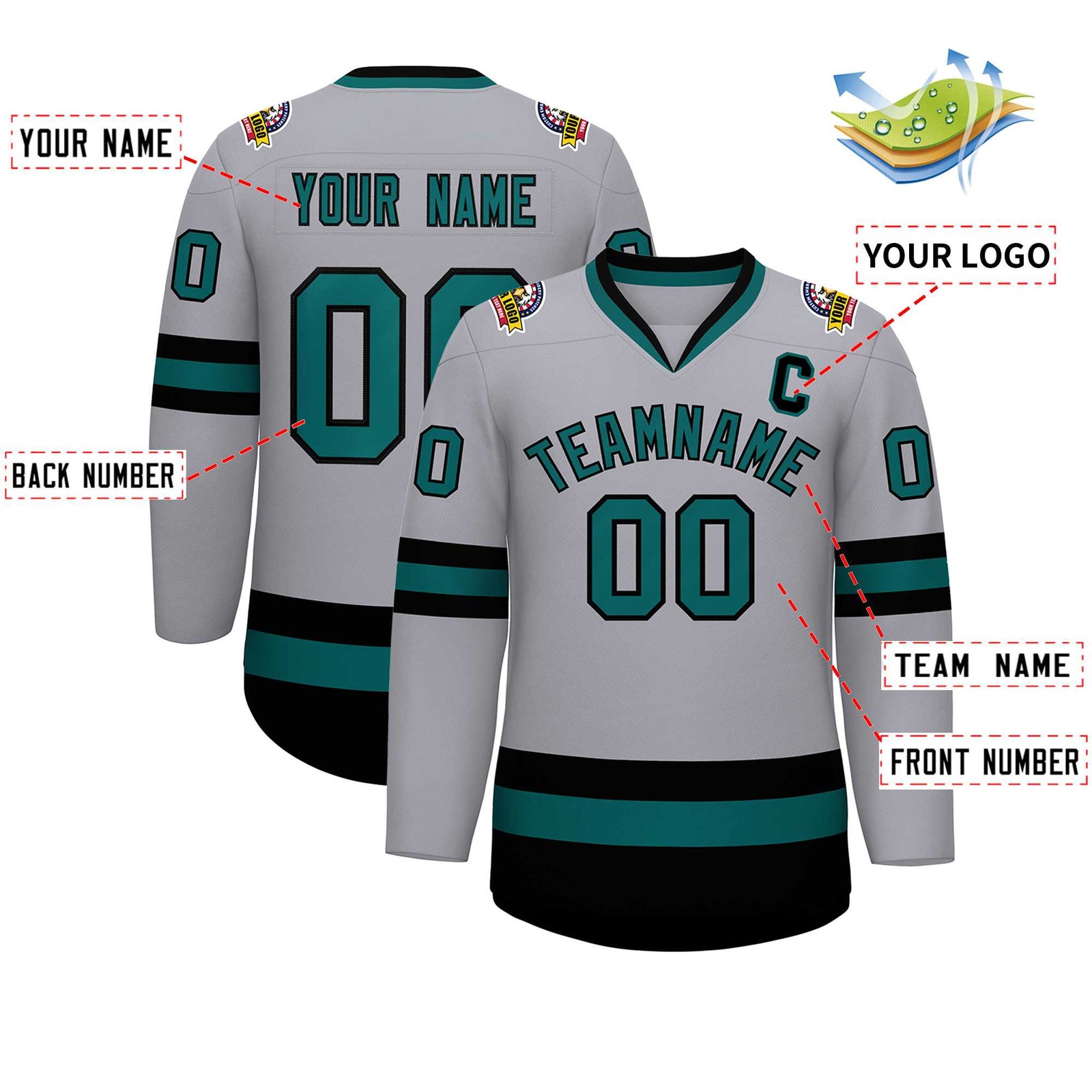 Custom Gray Aqua-Black Classic Style Hockey Jersey