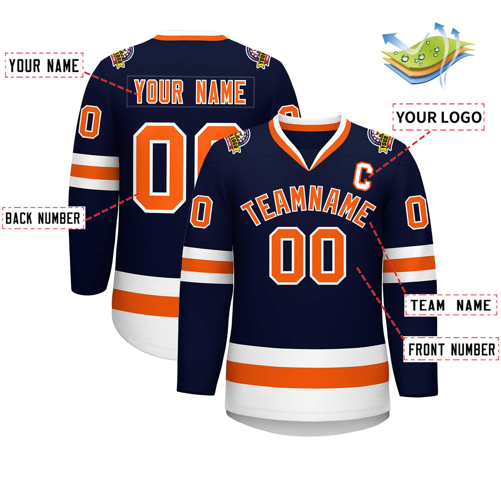 Custom Navy Orange-White Classic Style Hockey Jersey
