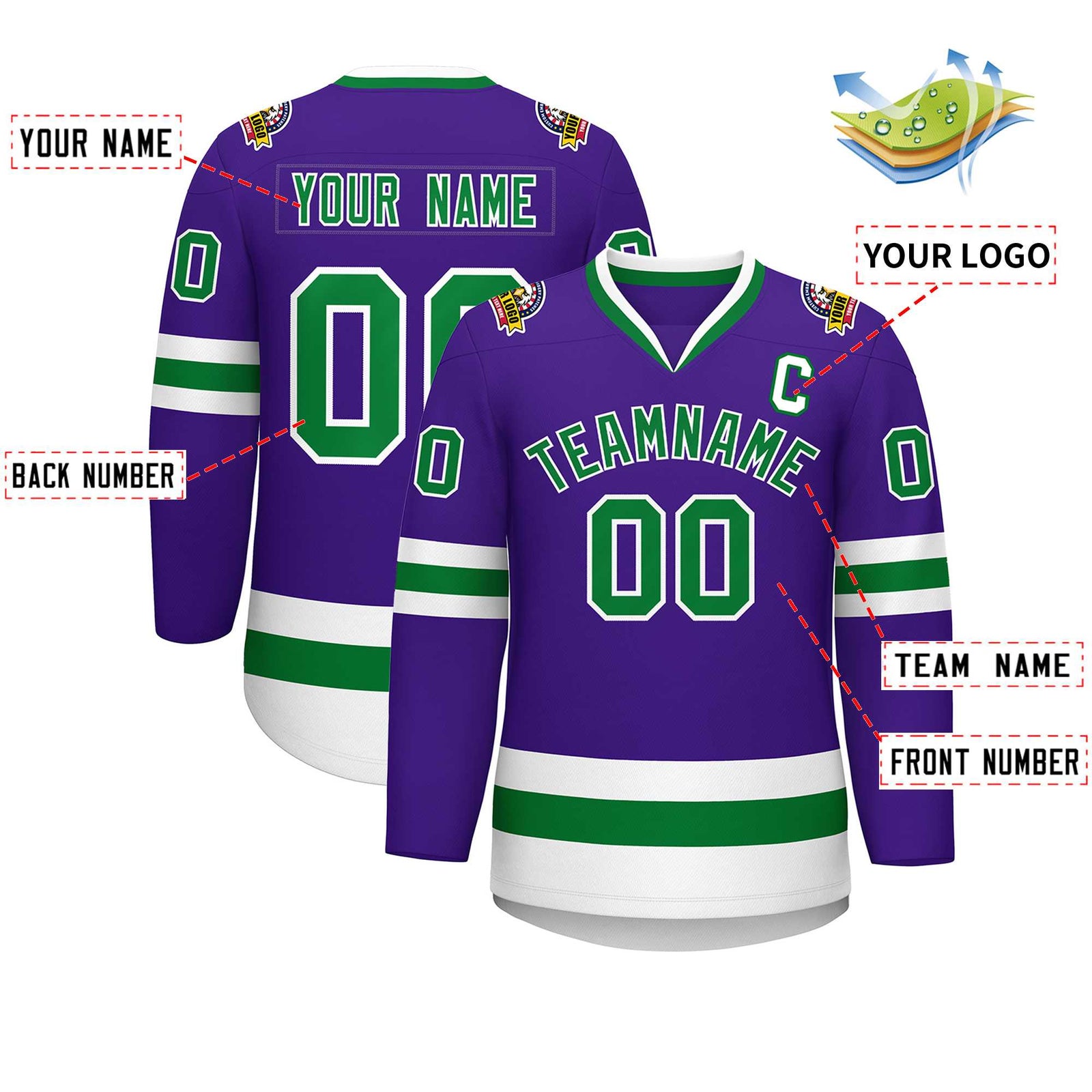 Custom Purple Kelly Green-White Classic Style Hockey Jersey