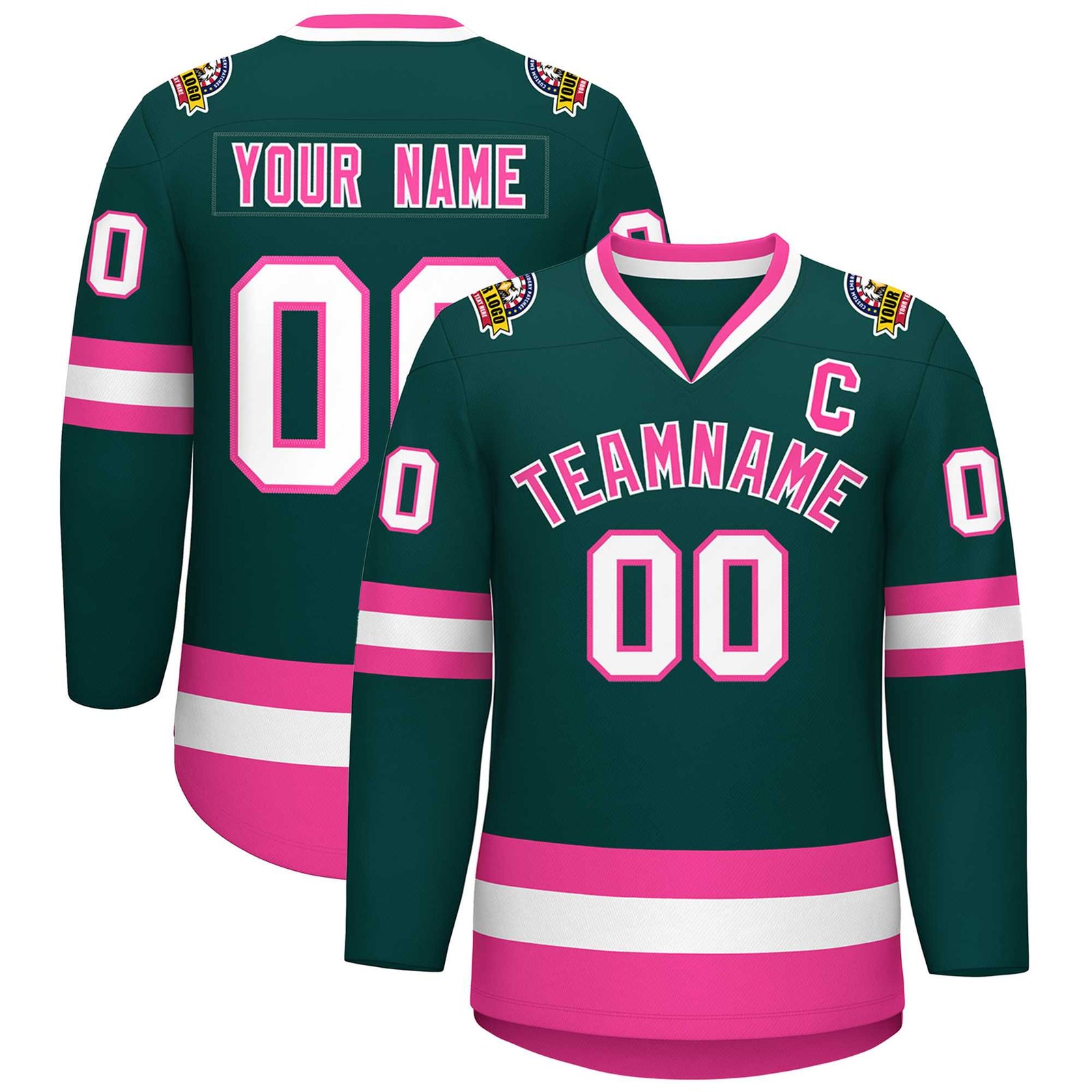 Custom Midnight Green Pink-White Classic Style Hockey Jersey