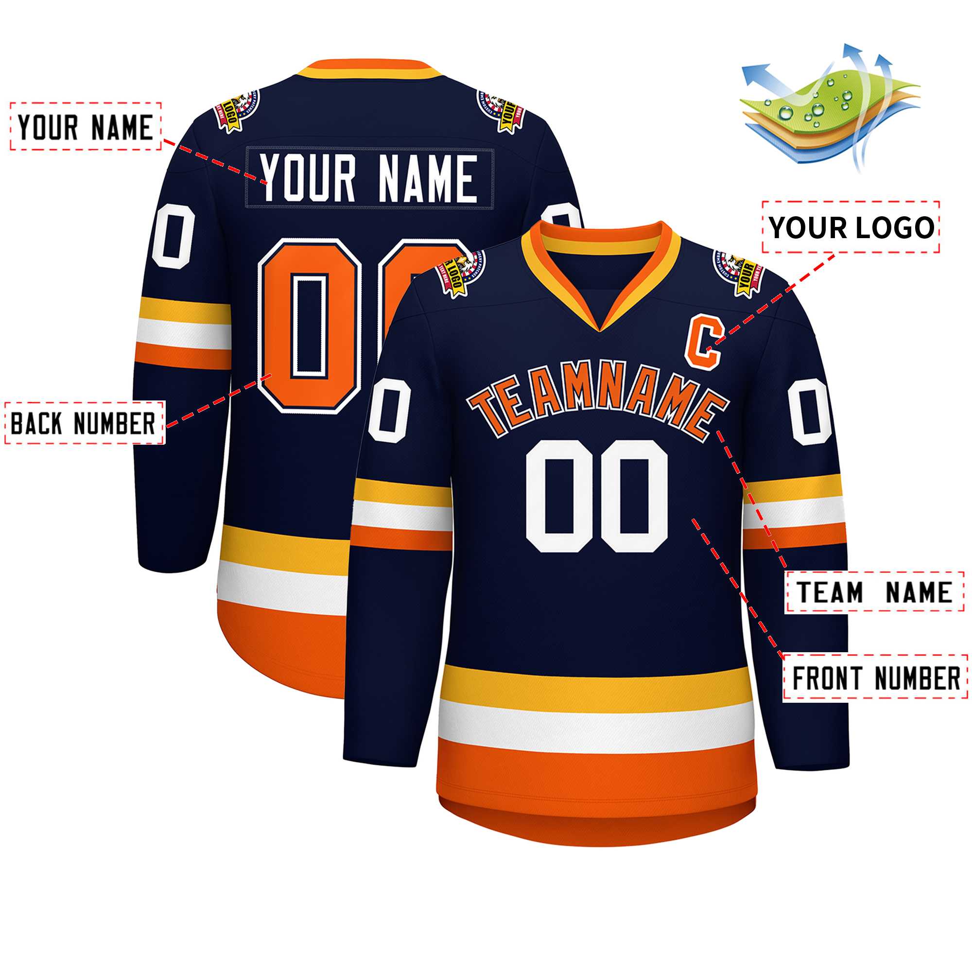 Custom Navy Orange Navy-White Classic Style Hockey Jersey