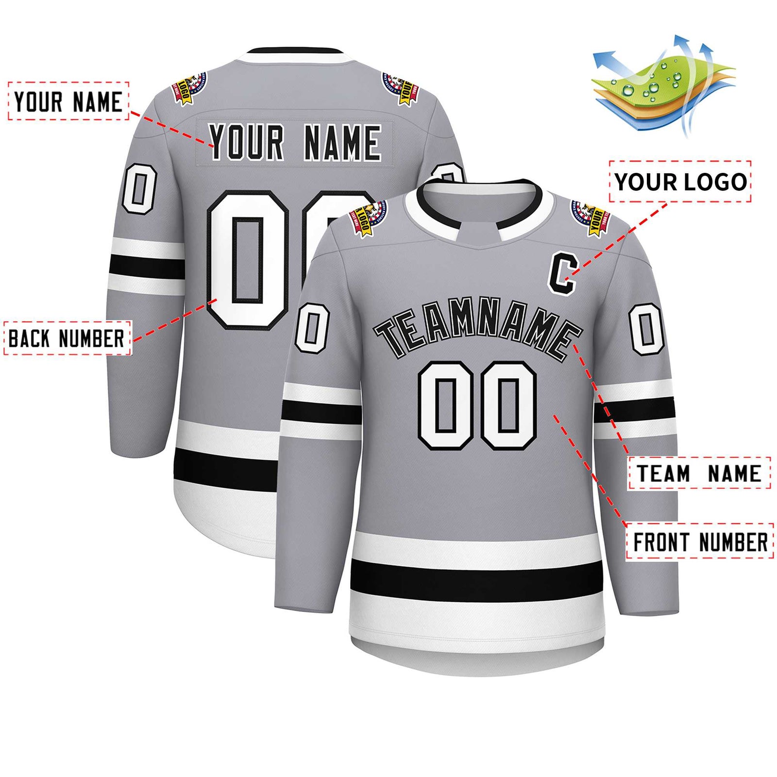 Custom Gray Black White-Black Classic Style Hockey Jersey