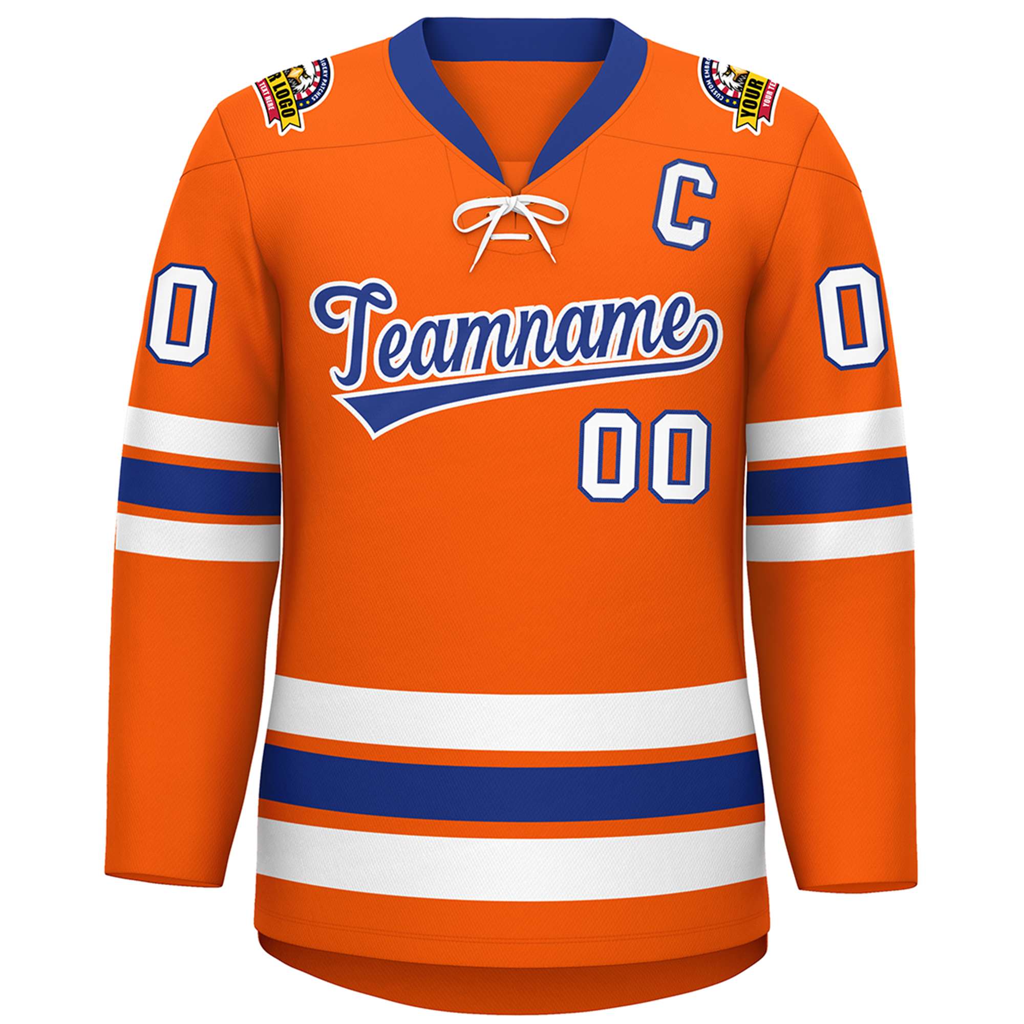 Custom Orange Royal-White Lace-Up Neck Hockey Jersey