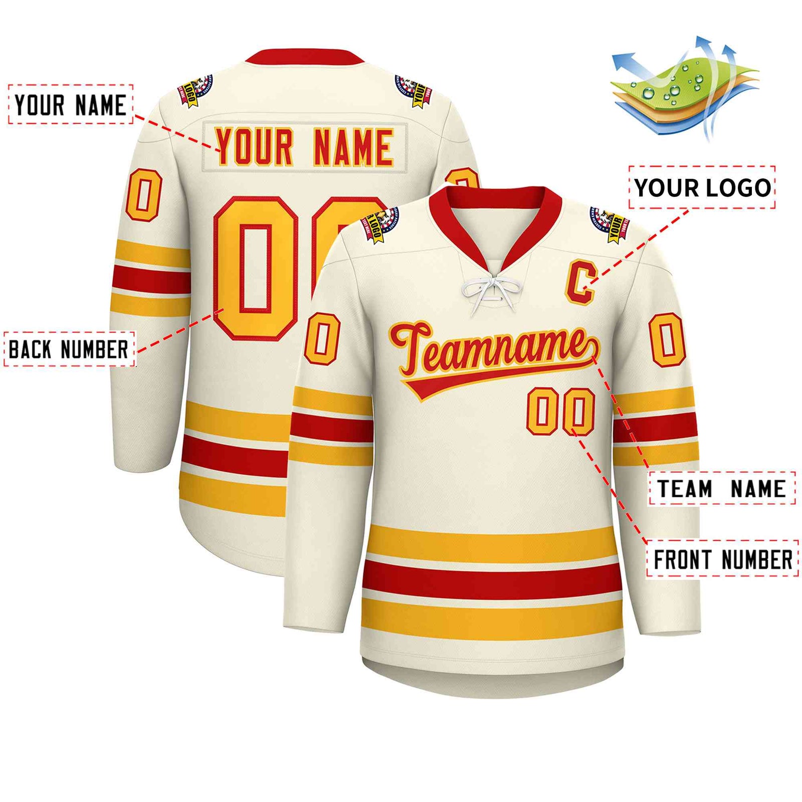 Custom Cream Red-Yellow Lace-Up Neck Hockey Jersey