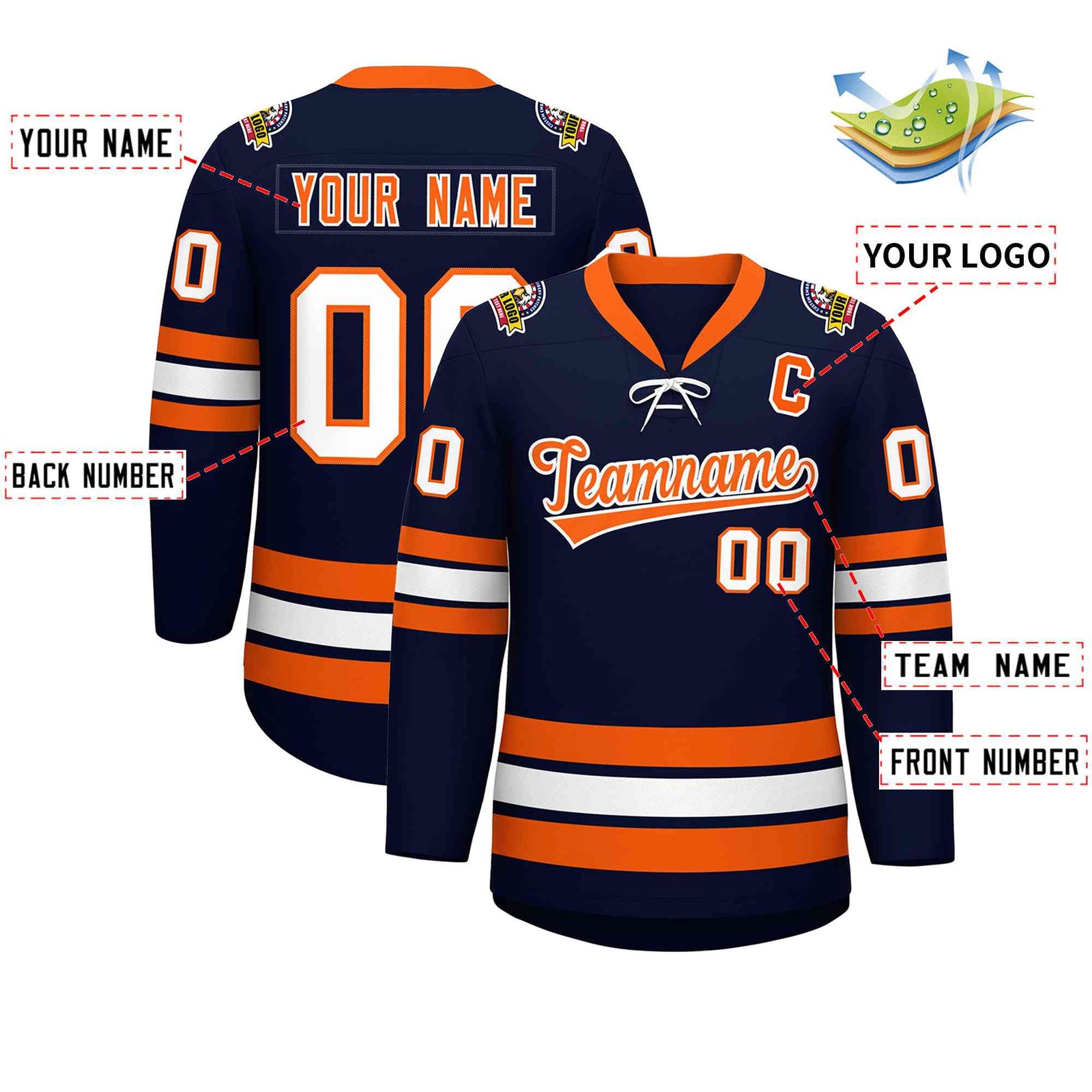 Custom Navy Orange-White Lace-Up Neck Hockey Jersey