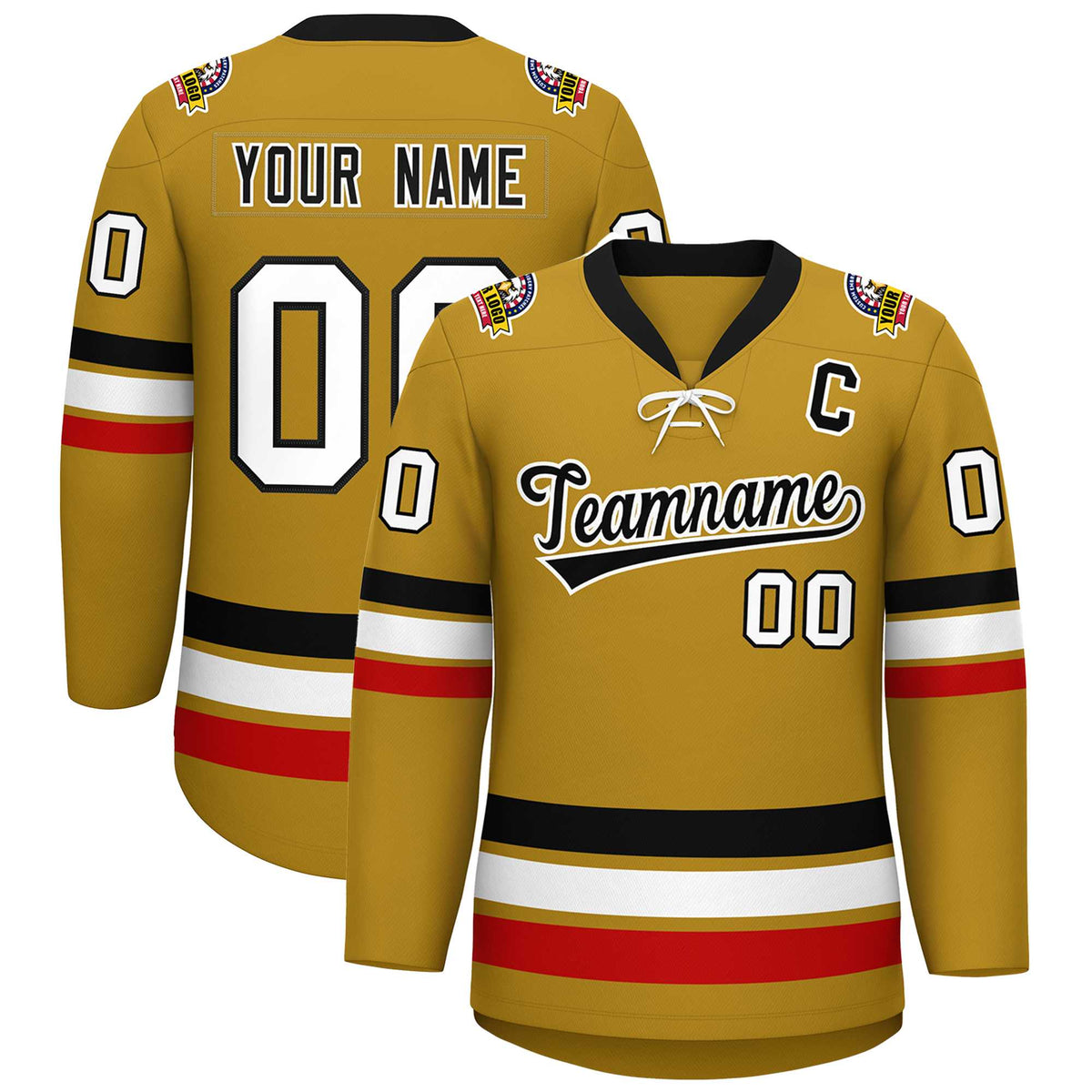 Custom Old Gold Black-White Lace-Up Neck Hockey Jersey