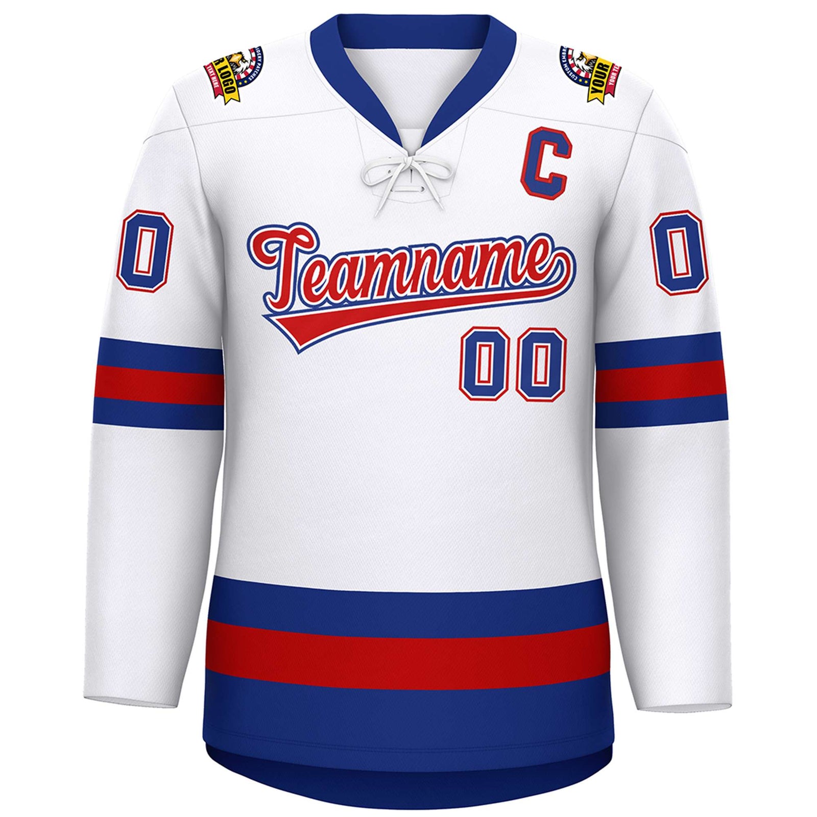 Custom White Red-Royal Lace-Up Neck Hockey Jersey