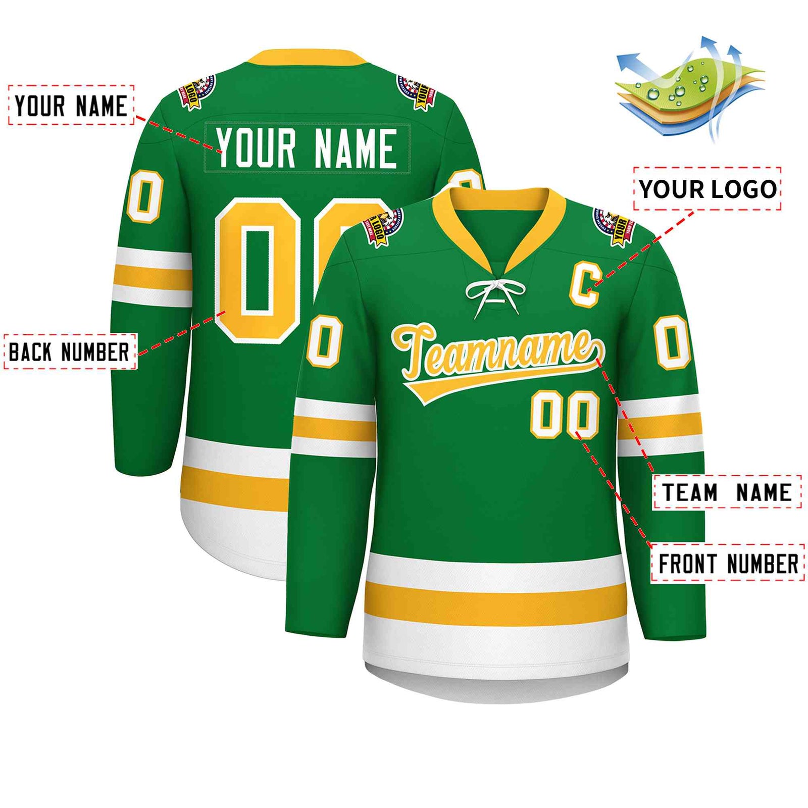 Custom Kelly Green Gold-White Lace-Up Neck Hockey Jersey