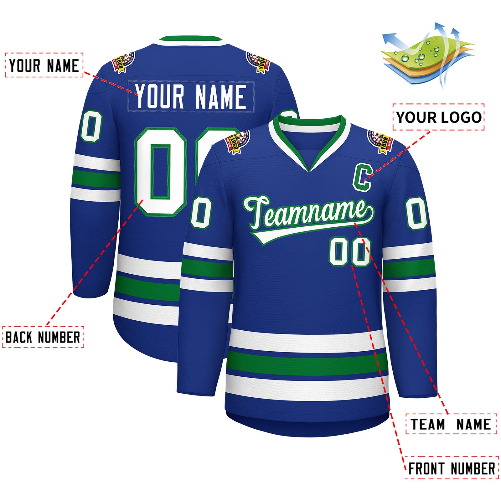 Custom Royal White-Kelly Green Classic Style Hockey Jersey