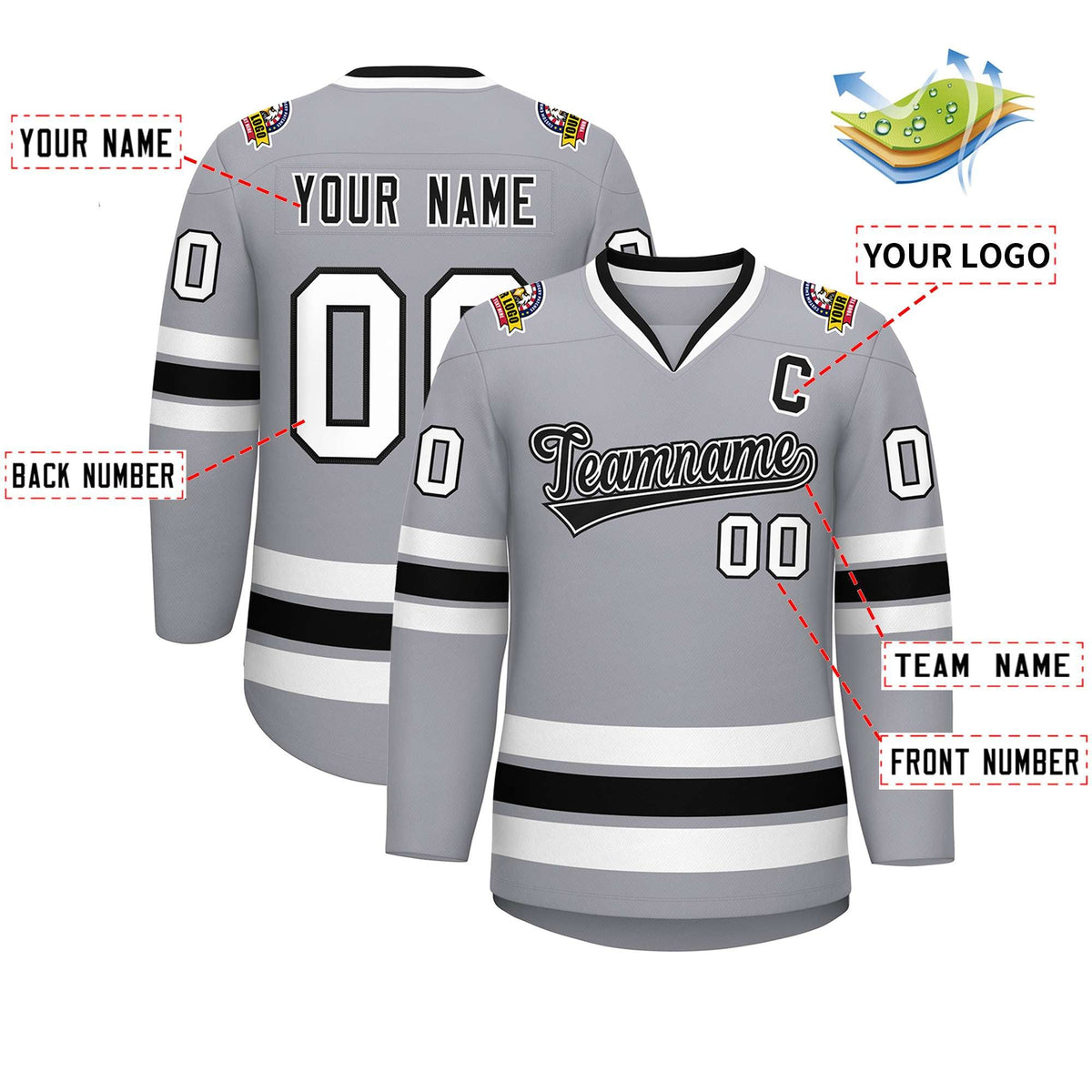 Custom Gray Black White-Black Classic Style Hockey Jersey