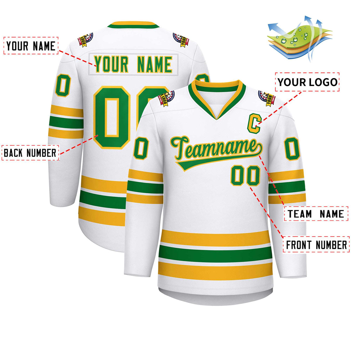 Custom White Kelly Green-Gold Classic Style Hockey Jersey
