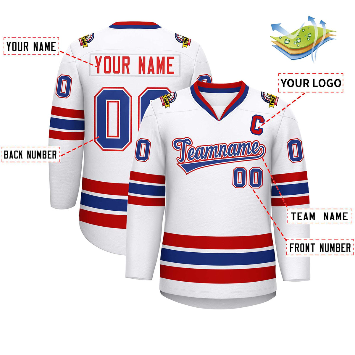 Custom White Royal White-Red Classic Style Hockey Jersey