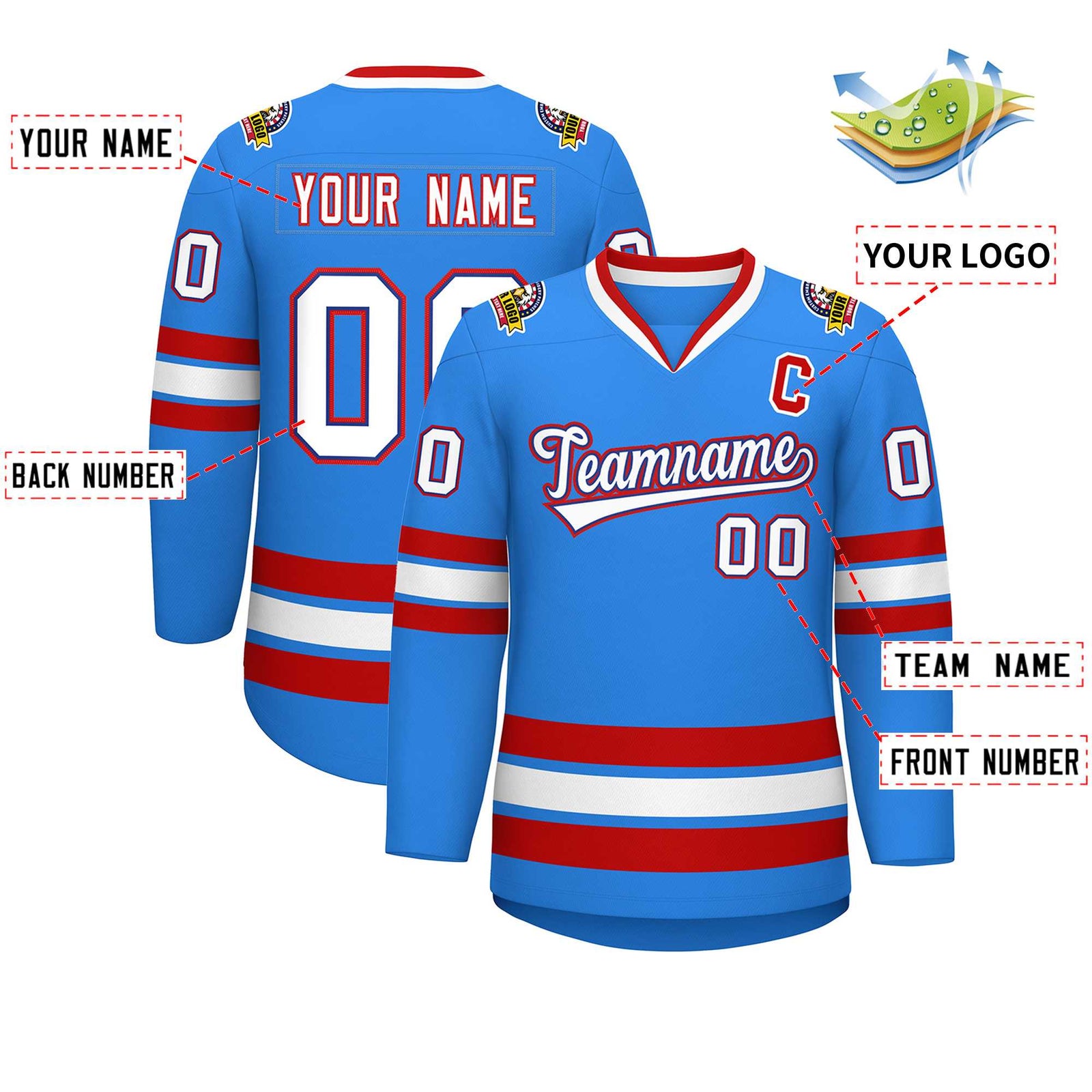 Custom Powder Blue White Royal-Red Classic Style Hockey Jersey