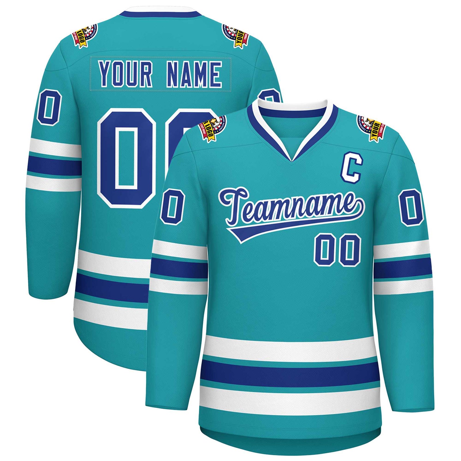 Custom Aqua Royal-White Classic Style Hockey Jersey