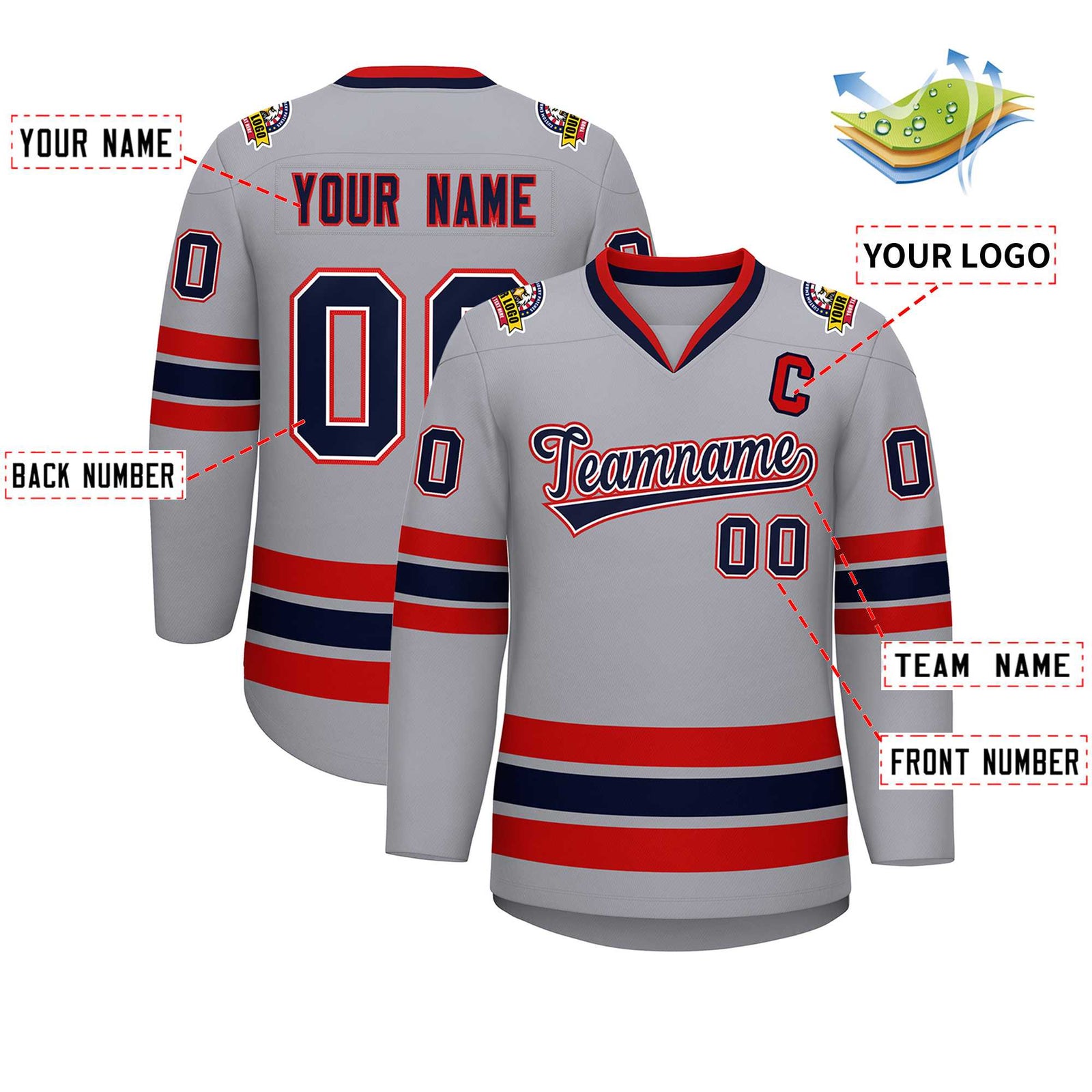 Custom Gray Navy White-Red Classic Style Hockey Jersey
