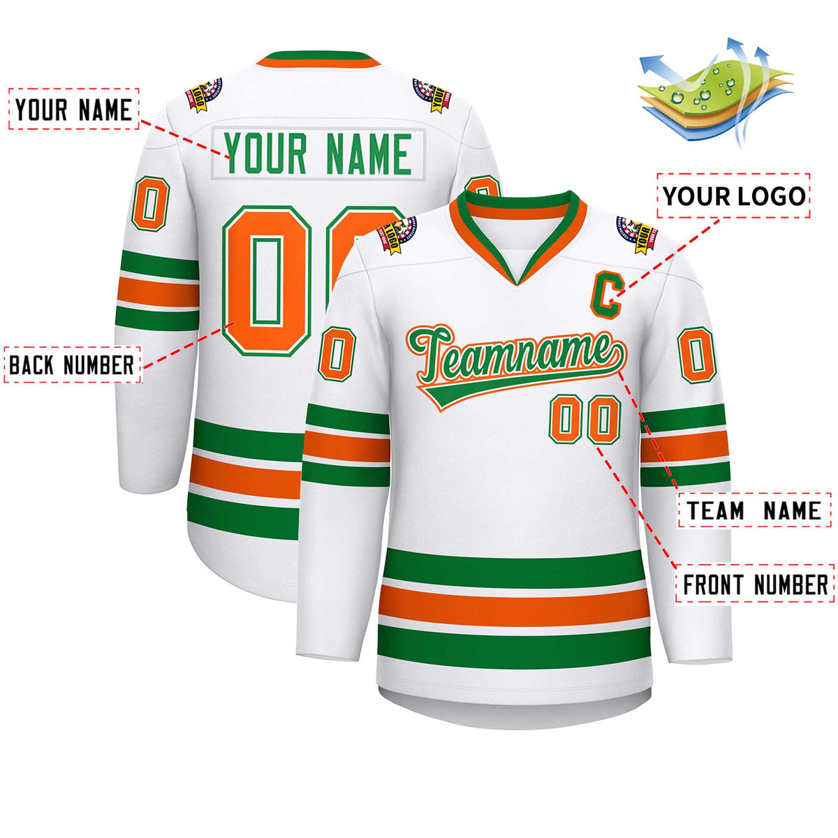 Custom White Kelly Green White-Orange Classic Style Hockey Jersey