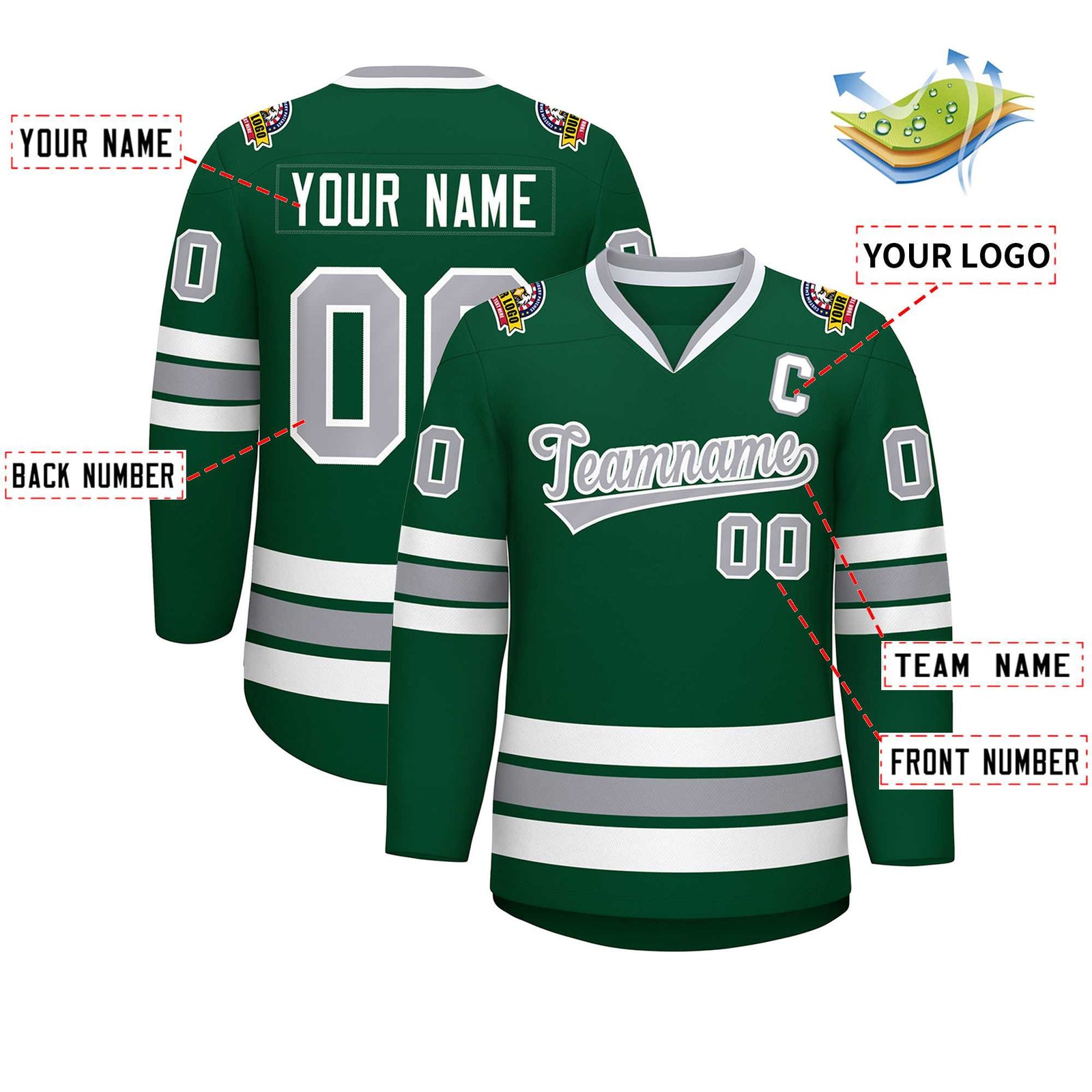 Custom Green Gray-White Classic Style Hockey Jersey