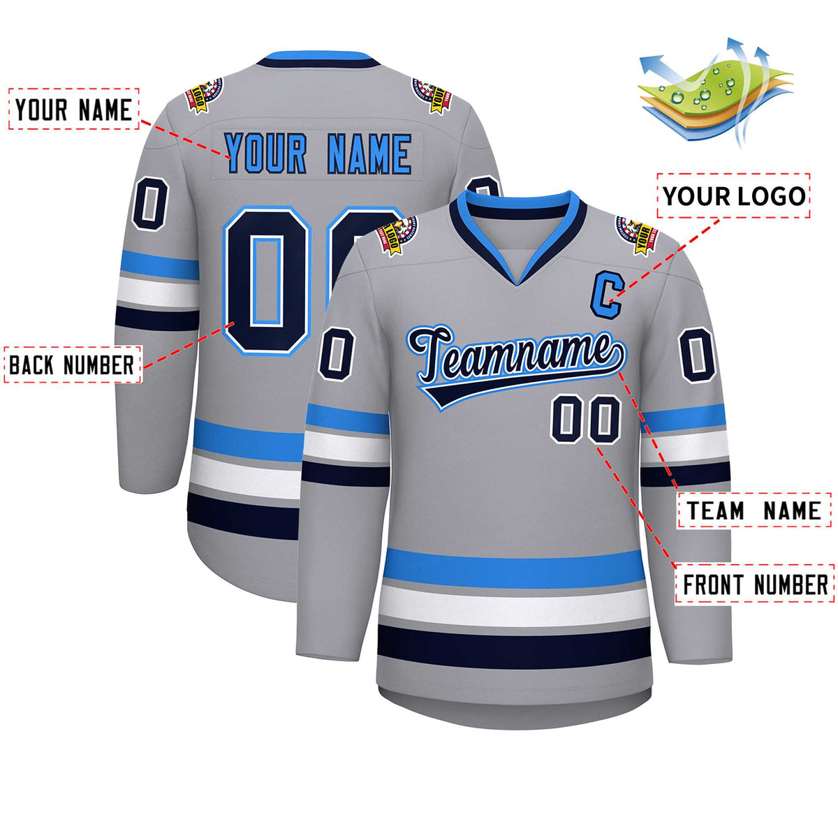 Custom Gray Navy White-Powder Blue Classic Style Hockey Jersey