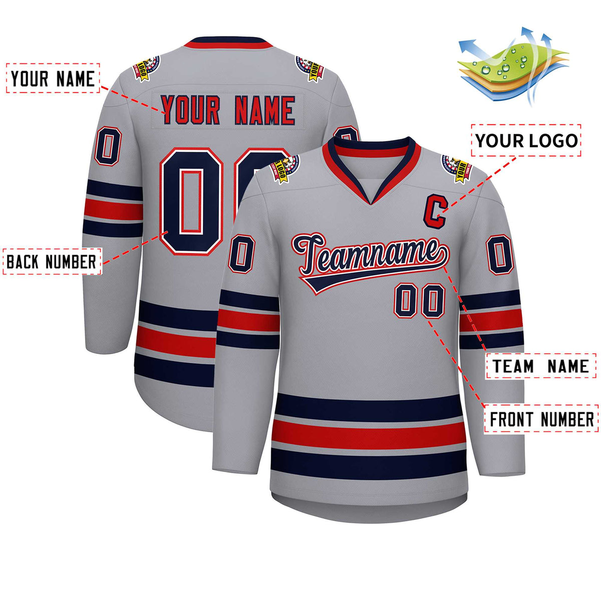 Custom Gray Navy White-Red Classic Style Hockey Jersey