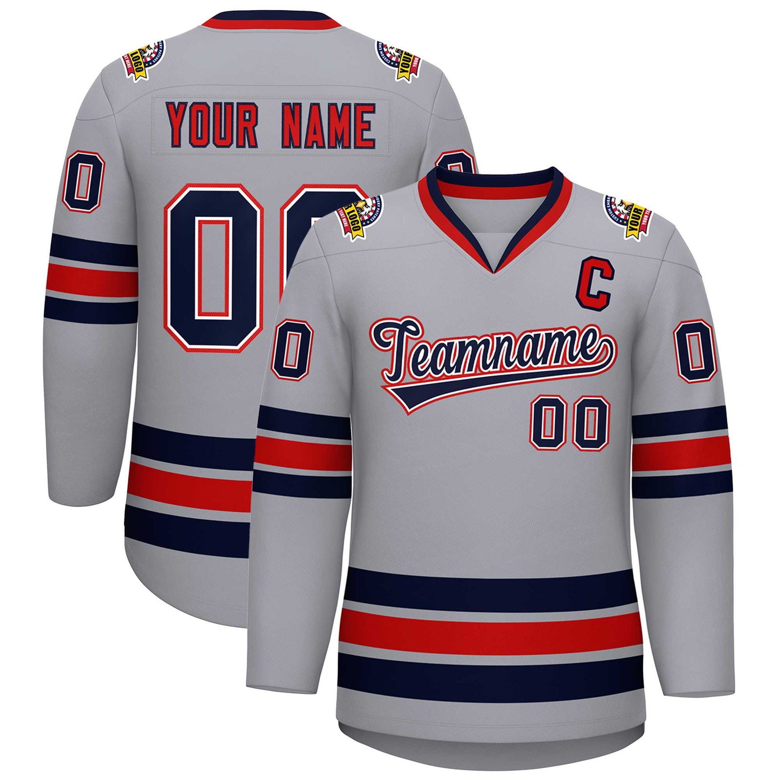 Custom Gray Navy White-Red Classic Style Hockey Jersey