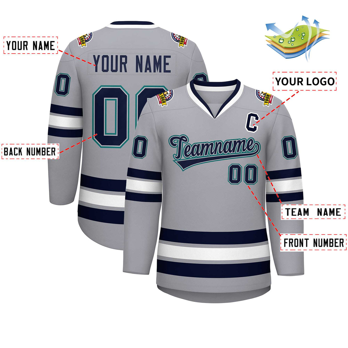 Custom Gray Navy Gray-Aqua Classic Style Hockey Jersey