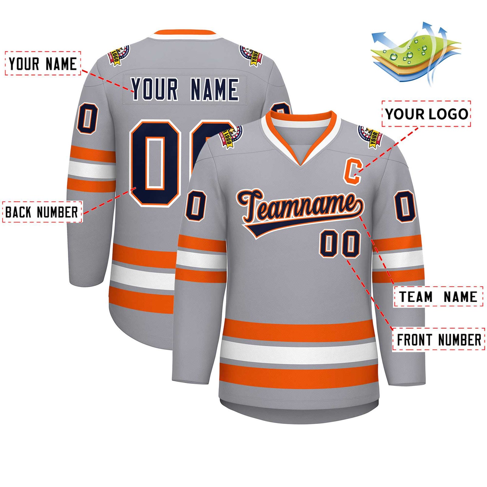 Custom Gray Navy Orange-White Classic Style Hockey Jersey