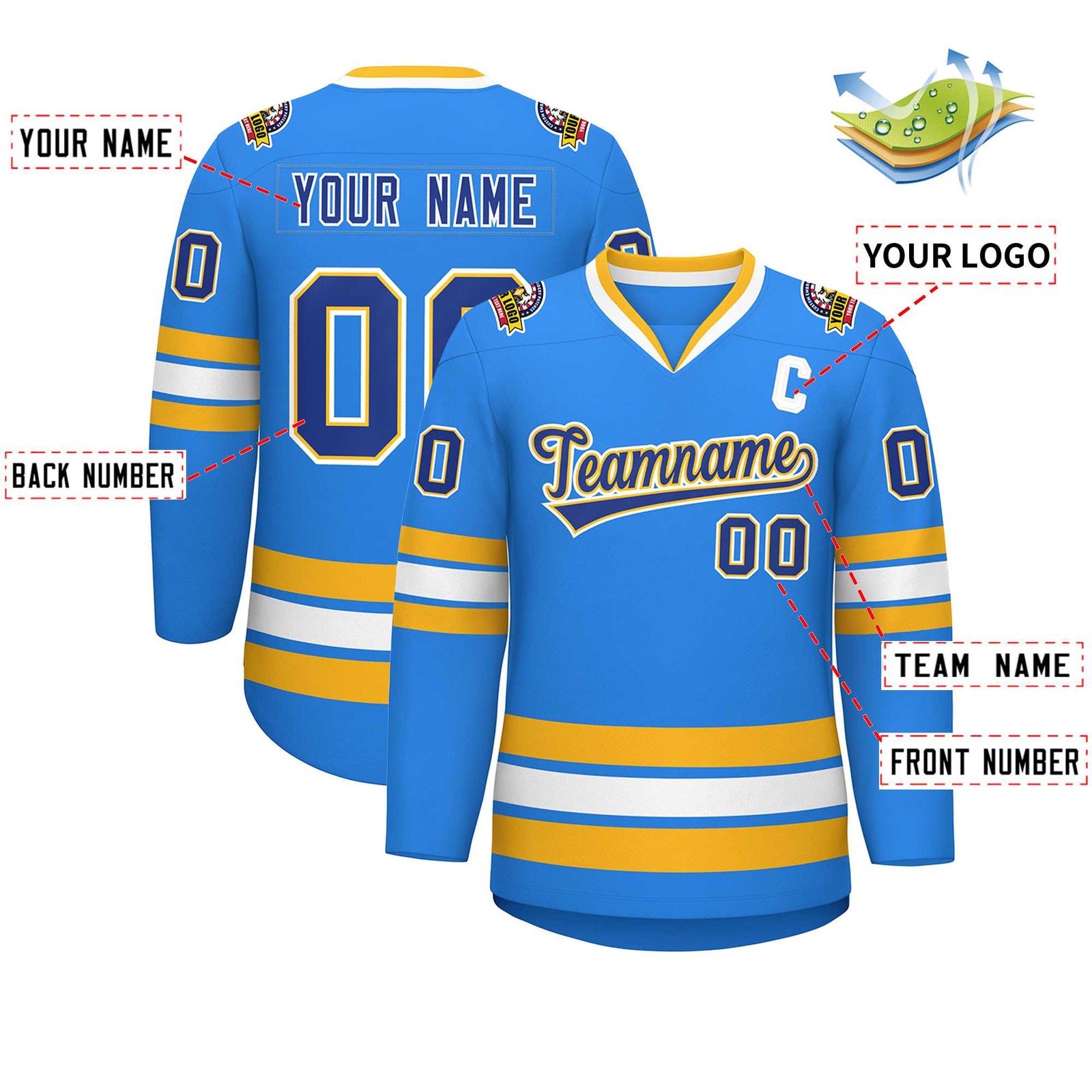 Custom Powder Blue Royal Gold-White Classic Style Hockey Jersey