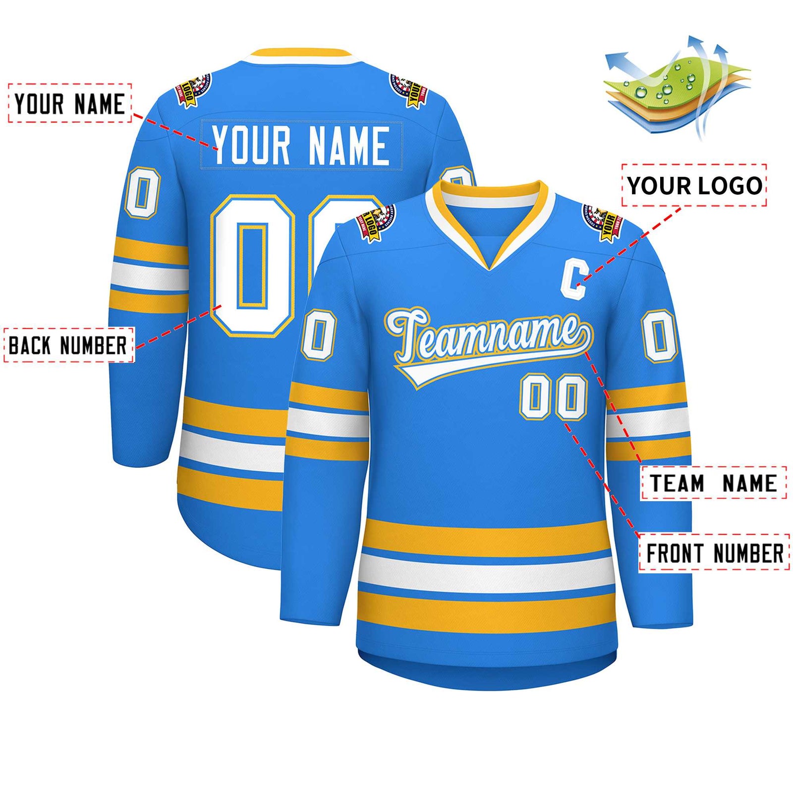Custom Powder Blue White Powder Blue-Gold Classic Style Hockey Jersey