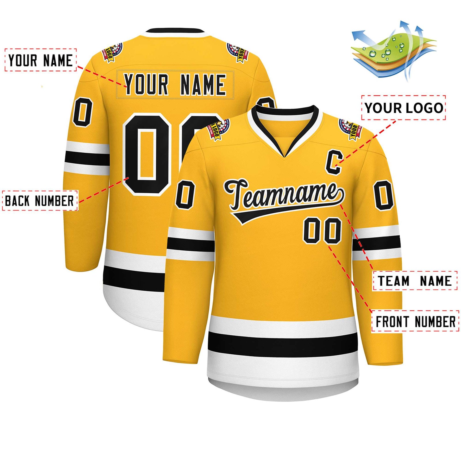Custom Gold Black-White Classic Style Hockey Jersey
