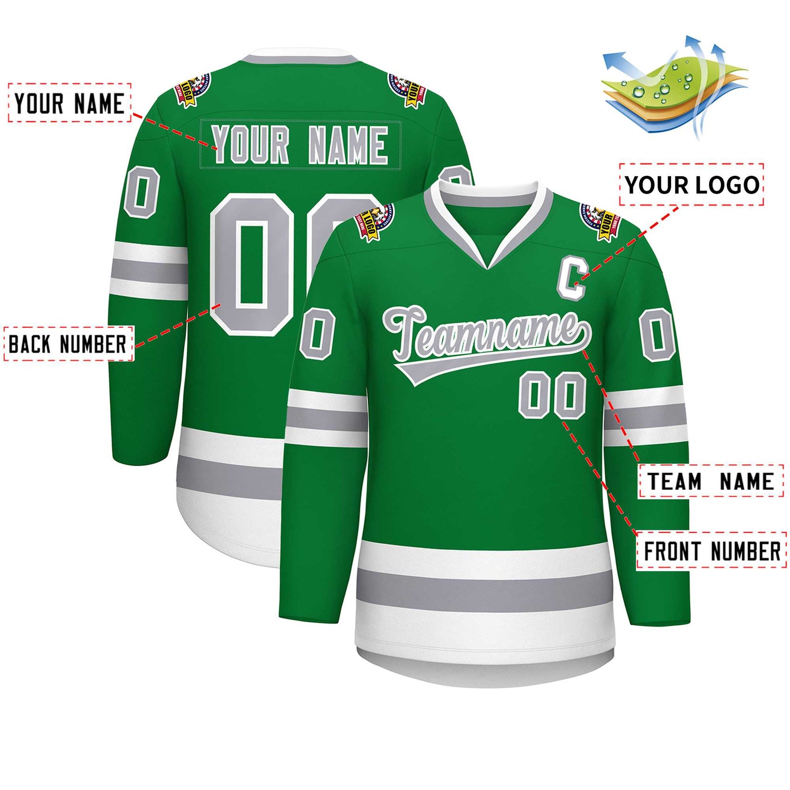 Custom Kelly Green Gray-White Classic Style Hockey Jersey