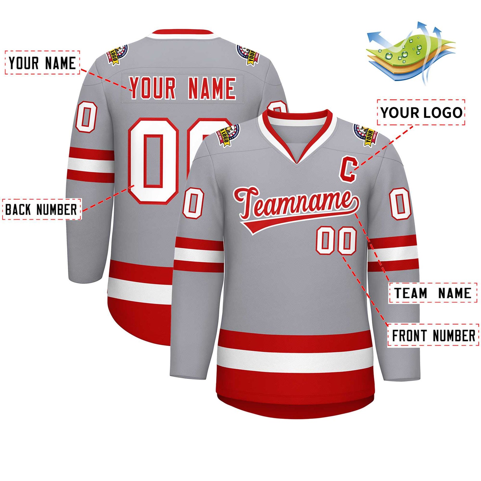 Custom Gray Red-White Classic Style Hockey Jersey