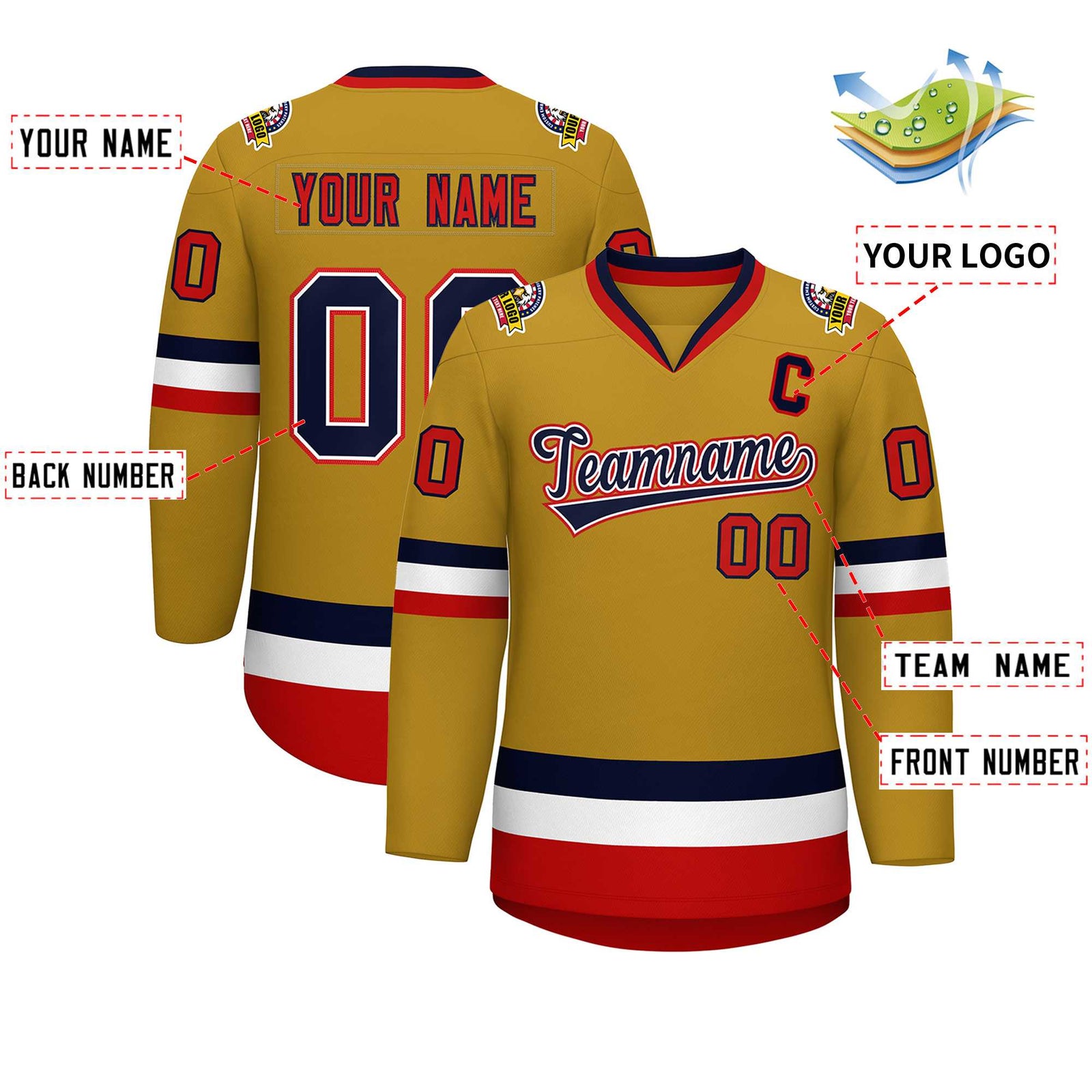 Custom Old Gold Navy White-Red Classic Style Hockey Jersey