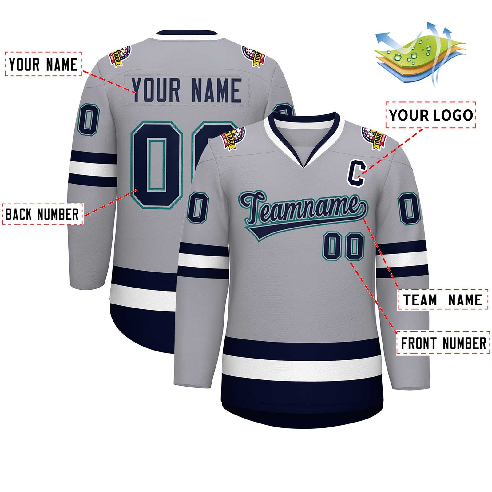 Custom Gray Navy Gray-Aqua Classic Style Hockey Jersey