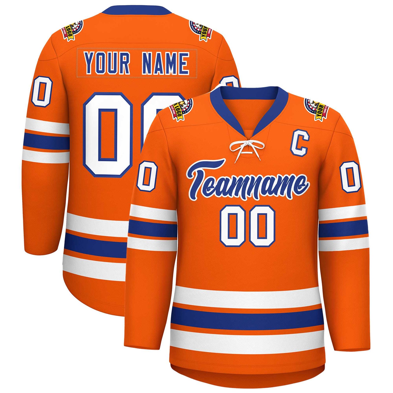 Custom Orange Royal-White Lace-Up Neck Hockey Jersey